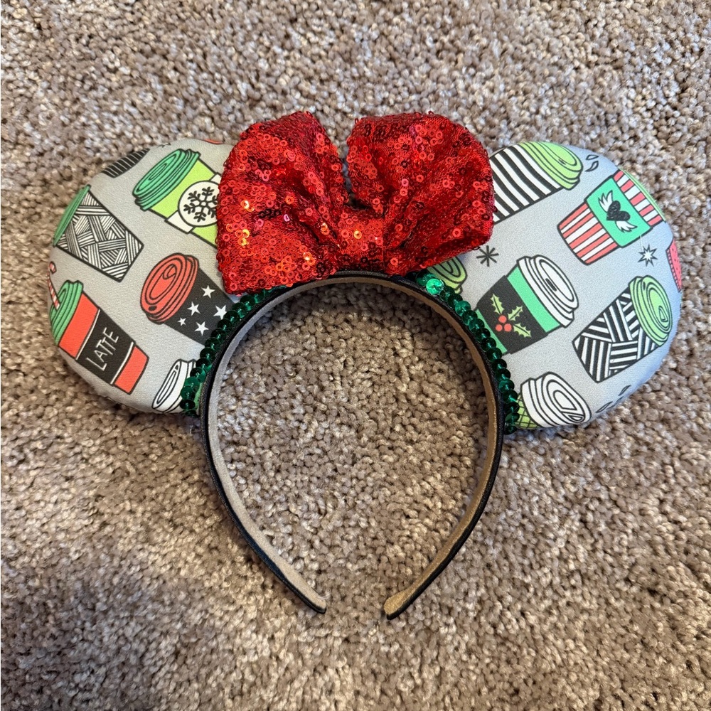 Festive Coffee Cup Mouse Ears with Red Bow